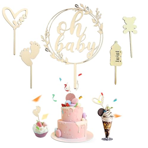 HZAOPZE 5 pcs Oh Baby Cake Topper Holz, Oh Baby Tortendeko für Babyparty Baby Shower Deko, Gender Reveal Partydeko, Kindertaufe schmücken Tortenaufsatz aus, wiederverwendbar von HZAOPZE