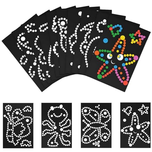 HZAOPZE Punkt Aufkleber Kunst Papier Set für Kinder, 10 Muster Buntes Klebepunkt Pappe zum Basteln Set Dotty Sticker Scrapbooking Art Bastelset mit Die Renderings, Schwarze Papier, farbene Punkte von HZAOPZE