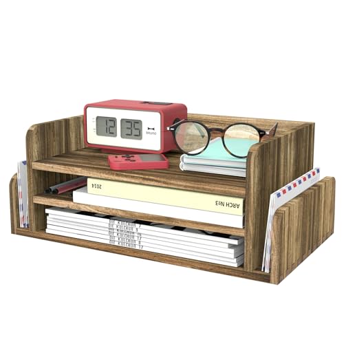 HZE Schreibtisch Organizer Holz 5 Tabletts, Rustic 3-Tier Briefablage Holz mit 2 Seite Mail Sorting Slots, Büro Ablage für Ordner, Mail, Schreibwaren (Hellbraun) von HZE