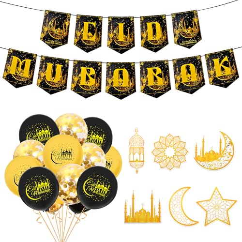 HZHSGLY Eid Mubarak Banner, muslimische Eid Mubarak Wimpelkette mit 6 Stück islamischen Stern Mond Laterne, Eid Dekorationen für Zuhause, Ramadan, hängende Wanddekorationen für Eid Festival Party von HZHSGLY