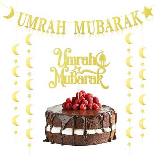 HZHSGLY Umrah Mubarak Dekoration, Eid Gold Mond Stern Girlande Banner Dcorations Umrah Mubarak Brief Cake Topper, Exquisite Langlebige Dekoration Geschenk für Ramadan Muslim Umrah Party (Banner Kuchen von HZHSGLY