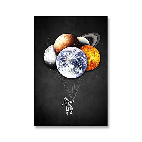 HZWMQDLF Happy Birthday Ballon Astronaut hält kreative acht planetarische Ballon im Universum, das auf der Erde schaut Sci-Fi-Plakat Home Art-Malerei Luftballons(100x150cm Unframed,A) von HZWMQDLF