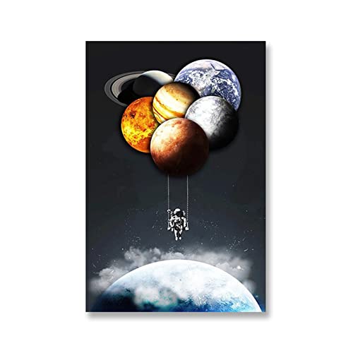 HZWMQDLF Happy Birthday Ballon Astronaut hält kreative acht planetarische Ballon im Universum, das auf der Erde schaut Sci-Fi-Plakat Home Art-Malerei Luftballons(60X90cm Unframed,A) von HZWMQDLF