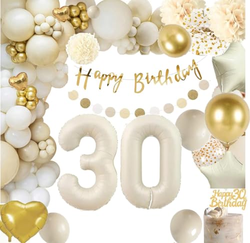 30 Geburtstag Deko, 30 Geburtstag Frauen Männer,30 Jahr Geburtstagdeko ,Beige Gold Ballon Deko mit Happy Birthday Girlande,Deko 30. Geburtstags Konfetti Luftballons,Geburtstagsdeko 30 Luftballons von HaMoSena