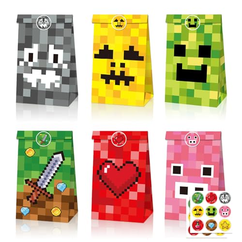 12 Stück Papiertüten, Mine Craft Geschenktüten, Spiel Kindergeburtstag Mitgebsel, Pixel Kraftpapiertüte Candy Tüten, Miner Gamer Partytüten, für Geschenken Giveaways Kindergeburtstag Hochzeit Party von HaOrchid