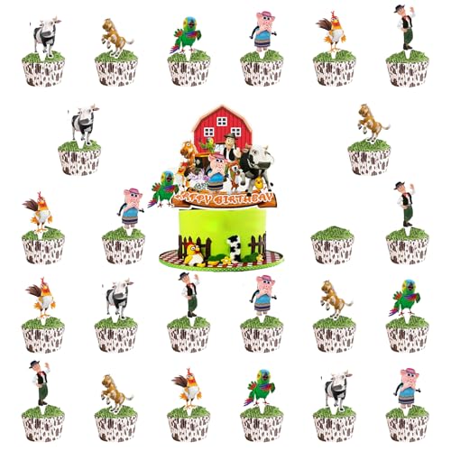 25 Stück BauernhofTier Geburtstag Tortendeko, Farm Tier Cupcake Verpackung, Bauernhof Party Herzstücksticks, Farm Animal Cupcake Toppers, für Kindergeburtstag Party Dekorationen Zubehör von HaOrchid