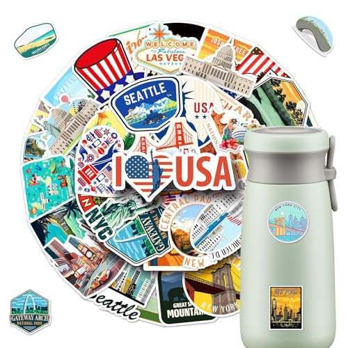 USA Sticker 100 Stück, Amerika Urlaub Reise Aufkleber, Wasserdichte Amerika Reise Aufkleber, Gouache Stil, USA Themen für Koffer Laptop Fahrrad Scrapbook Motorrad Skateboard Helm Auto von HaOrchid