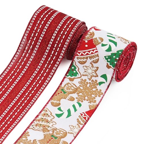 Habbiful 2 Rollen 6,3 cm Weihnachtsband mit Draht zum Basteln, rotes Lebkuchenmann-Geschenkband, 9,1 m, Weihnachtsbaumband für Weihnachtskranz, Schleife, Heimbaum, Party-Dekoration von Habbiful