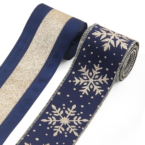 Habbiful 2 Rollen 6,3 cm x 9,1 m Weihnachtsbänder mit Draht zum Basteln, Kranz, Schleifen, Geschenkverpackung, glitzerndes blaues und goldenes Band, Frohe Weihnachten, Schneeflockenband für von Habbiful