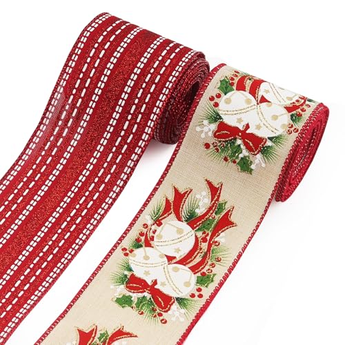 Habbiful 2 Rollen 6,3 cm x 9,1 m Weihnachtsbänder mit Draht zum Basteln, Kranz, Schleifen, Geschenkverpackung, rote Glöckchen, Jutebänder für Weihnachten, Party, Heimdekoration von Habbiful