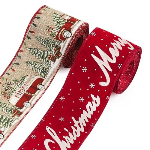 Habbiful 2 Rollen 6,3 cm x 9,1 m Weihnachtsband mit Draht zum Basteln, Kranz, Schleifen, Geschenkverpackung, roter Stamm mit Weihnachtsbaumband, Merry Xmas Band für Weihnachten, Party, Heimdekoration von Habbiful