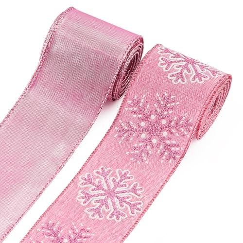 Habbiful 2 Rollen 6,3 cm x 9,1 m rosa Weihnachtsband mit Draht für Bastelarbeiten, Baum, Geschenkverpackung, Schneeflocke, Juteband, Weihnachten, Urlaub, Glitzerband für Weihnachtskranz, Schleifen, von Habbiful