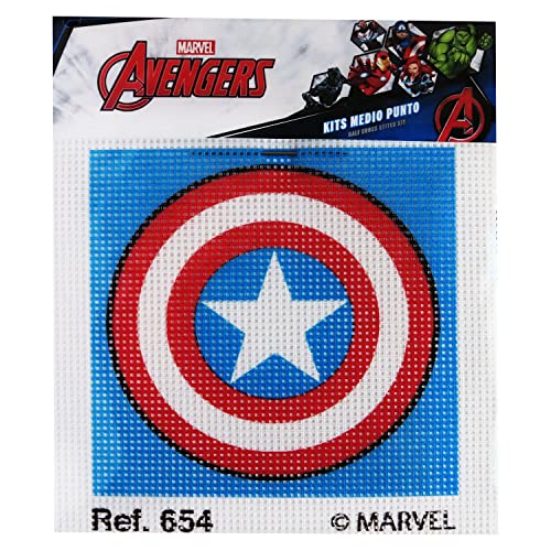 Halber Stichsatz mit Marvel-Zeichnungen. Kreuzstich DIY Handwerk für Kinder, enthält Leinwand und farbigen Fäden nach dem Muster. Leinwand 18 x 15 cm. (Captain America-Shield) von Haberdashery Online