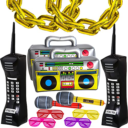 Haconba 20 Pack Aufblasbare Radio Boombox Blow Up Handy Mikrofon und 16 Zoll Goldfolie Kette Ballons für 80er 90er Disco Hip Hop Party Dekorationen von Haconba