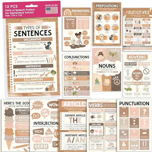 Hadley Designs Poster "Parts Of Speech" für Klassenzimmer, 12 Grammatik-Poster für Klassenzimmer, Sprachkunst für Grund- und Mittelschule, Schreibprozess und ELA-Schule, Boho-Klassen-Dekor von Hadley Designs