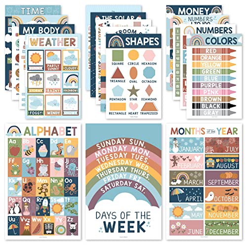 16 Boho-Kinder-Pädagogische Poster für Kleinkinder – Lehrer-Poster für Klassenzimmer-Poster Elementar, Pre K Lernposter für Kleinkinder 1–3, Boho-Klassenzimmer-Poster, Alphabet-Poster für Kleinkinder von Hadley Designs