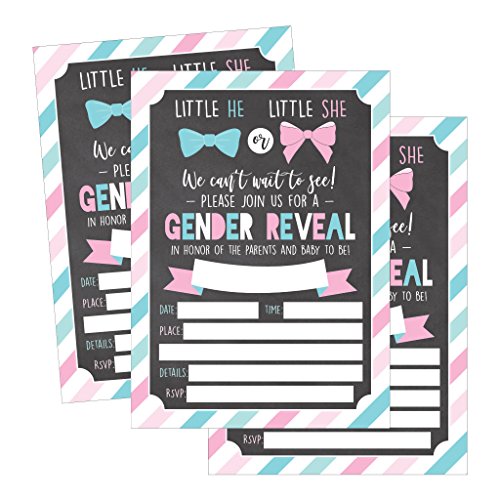 25 rosa und blaue Gender Reveal Baby Shower Party Einladungskarten, He or She Personalisiert für geschlechtsneutrale Unisex-Einladungen Guess If It's a Boy or Girl Sprinkle Fill In The Blank Printable Invite Pack von Hadley Designs