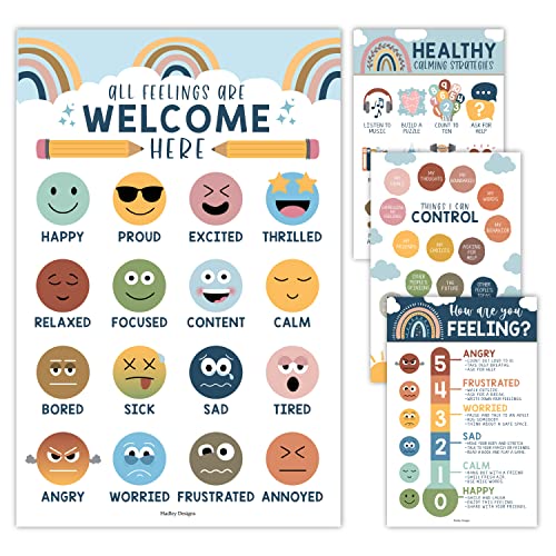 4 Boho-Gefühle-Tabelle für Kinder, Emotions-Poster für Kinder, Emotions-Poster für Kleinkinder, Emotions-Poster für Klassenzimmer, soziale emotionale Lernposter für Wand, Schulberater, Bürodekoration von Hadley Designs