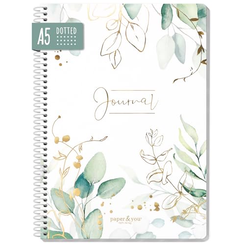 paper&you® Bullet Journal dotted A5 mit Spiralbindung "Blattgold" 160 Seiten, Notizbuch gepunktet mit Spirale, College-Block, Spiral-Block, Notizblock - nachhaltig & klimafreundlich von Häfft