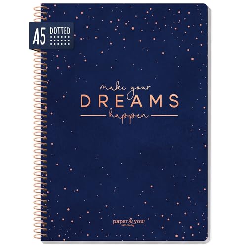 paper&you® Bullet Journal dotted A5 mit Spiralbindung "Make your dreams happen" 160 Seiten, Notizbuch gepunktet mit Spirale, College-Block, Spiral-Block, Notizblock - nachhaltig & klimafreundlich von Häfft