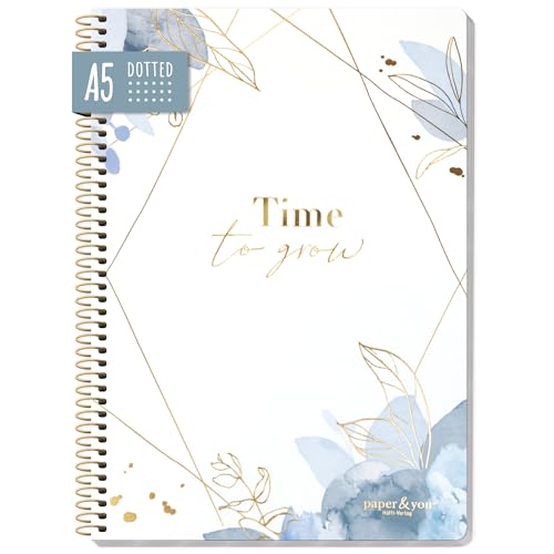 paper&you® Bullet Journal dotted A5 mit Spiralbindung "Time to grow" 160 Seiten, Notizbuch gepunktet mit Spirale, College-Block, Spiral-Block, Notizblock - nachhaltig & klimafreundlich von Häfft