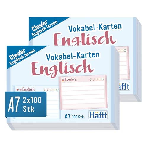 Häfft® 2er-Pack Vokabel-Karten A7 Englisch liniert, 200 Stück | 2 Seiten: Englisch/Deutsch | Ampel-Prinzip für das Langzeitgedächtnis | passend für gängige Lernboxen, handlich für unterwegs von Häfft