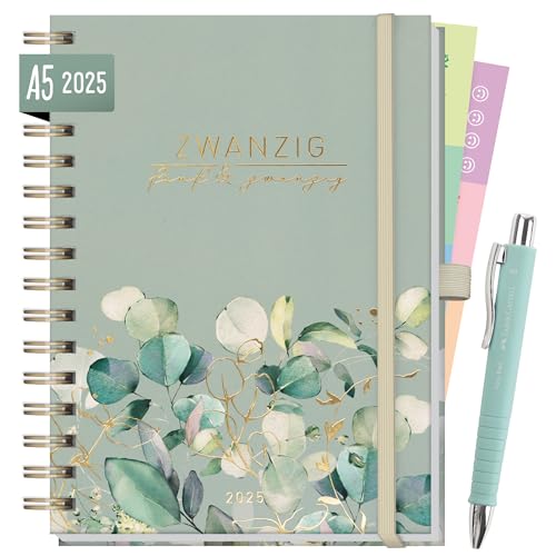 Häfft® Lieblings-Timer Deluxe Kalender 2025 A5 "Minty Leaves" + Faber-Castell Kugelschreiber Poly Ball - Terminplaner, Spiralkalender, Terminkalender, Wochenplaner, Ringbuch Planner von Häfft