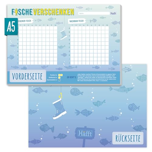 Häfft® Schiffe versenken Spiel-Block A5 "Fische verschenken" 50 Blatt - Reisespiel, Spieleblock für unterwegs und zuhause - nachhaltig & klimafreundlich von Häfft