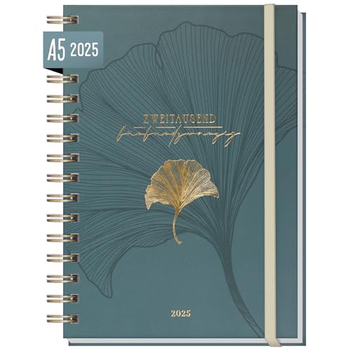 Häfft® Lieblings-Timer Kalender 2025 A5 "Blue Ginkgo" Hardcover Terminplaner, Spiralkalender, Terminkalender, Wochenplaner, Ringbuch Planner - nachhaltig & klimafreundlich von Häfft