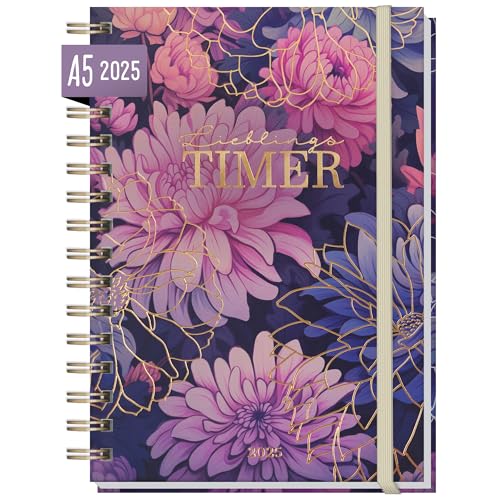 Häfft® Lieblings-Timer Kalender 2025 A5 "Purple Bloom" Hardcover Terminplaner, Spiralkalender, Terminkalender, Wochenplaner, Ringbuch Planner - nachhaltig & klimafreundlich von Häfft