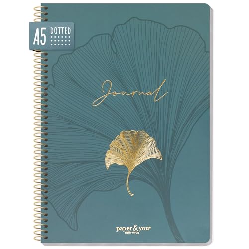 paper&you® Bullet Journal dotted A5 mit Spiralbindung "Blue Ginkgo" 160 Seiten, Notizbuch gepunktet mit Spirale, College-Block, Spiral-Block, Notizblock - nachhaltig & klimafreundlich von Häfft