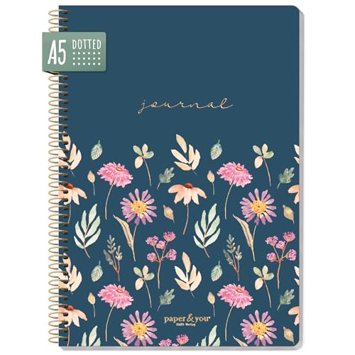 paper&you® Bullet Journal dotted A5 mit Spiralbindung "Flying Flowers" 160 Seiten, Notizbuch gepunktet mit Spirale, College-Block, Spiral-Block, Notizblock - nachhaltig & klimafreundlich von Häfft