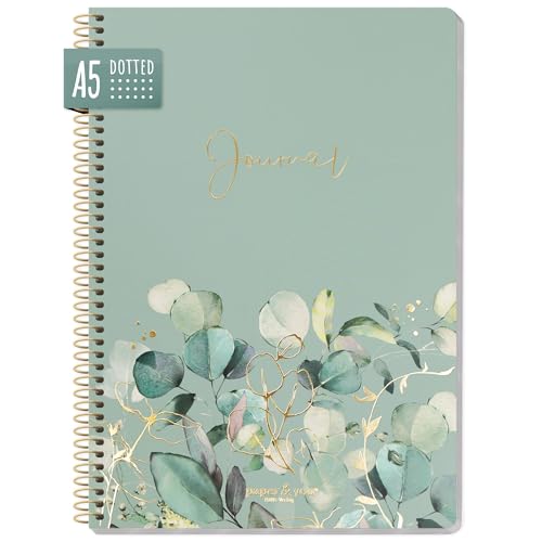 paper&you® Bullet Journal dotted A5 mit Spiralbindung "Minty Leaves" 160 Seiten, Notizbuch gepunktet mit Spirale, College-Block, Spiral-Block, Notizblock - nachhaltig & klimafreundlich von Häfft