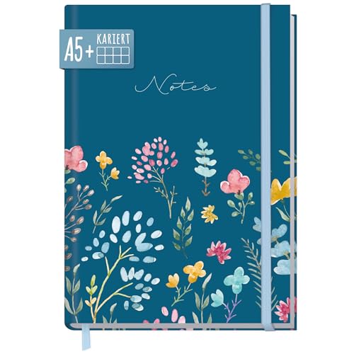 paper&you® Notizbuch A5+ kariert mit Gummiband "Happy Flower" 156 Seiten, 78 Blatt, als Bullet Journal, Tagebuch, Notizheft - nachhaltig & klimafreundlich von Häfft