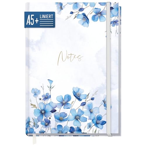 paper&you® Notizbuch A5+ liniert mit Gummiband "Blue Blossoms" 156 Seiten, 78 Blatt - als Bullet Journal, Tagebuch, Notizheft - nachhaltig & klimafreundlich von Häfft