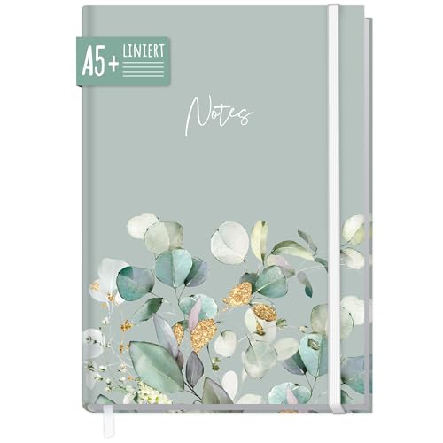 paper&you® Notizbuch A5+ liniert mit Gummiband "Minty Leaves" 156 Seiten, 78 Blatt - als Bullet Journal, Tagebuch, Notizheft - nachhaltig & klimafreundlich von Häfft