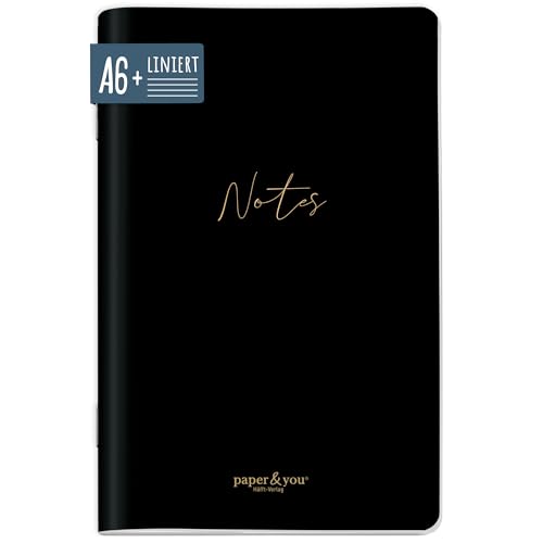 paper&you® Notizheft A6+ liniert "Black Edition" mit 64 Seiten, Softcover Notizbuch klein, Mini Journal liniert - nachhaltig & klimafreundlich von Häfft