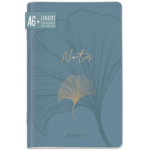 paper&you® Notizheft A6+ liniert "Blue Ginkgo" mit 64 Seiten, Softcover Notizbuch klein, Mini Journal liniert - nachhaltig & klimafreundlich von Häfft