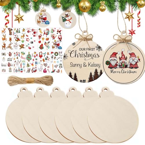 HahaGo Holzornamente zum Basteln, 100 Stück Holzscheiben und 10 Aufkleber, unlackierte Kreisscheiben, DIY-Weihnachtsbaumschmuck, vorgebohrte Scheiben für Urlaub, Weihnachten, hängende von HahaGo