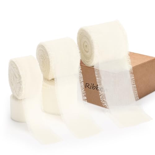 Hahafelt Chiffonband, 2,5 cm, 3,8 cm, 5,1 cm x 3 Rollen, insgesamt 27,7 m, handgefertigt, Fransenband, Chiffon-Seidenband zum Verpacken von Hochzeitseinladungen, Brautsträußen, Basteln, Heimdekoration Hahafelt Chiffonband, 2,5 cm, 3,8 cm, 5,1 cm x 3 Rollen, insgesamt 27,7 m, handgefertigt, Fransenband, Chiffon-Seidenband zum Verpacken von Hochzeitseinladungen, Brautsträußen, Basteln, Heimdekoration von Hahafelt