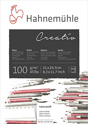 Hahnemühle Creativ Skizzenblock, mattes Zeichenpapier mit 100 g/m², naturweiß, 100 Blatt, DIN A4, kopfgeleimt von Hahnemühle