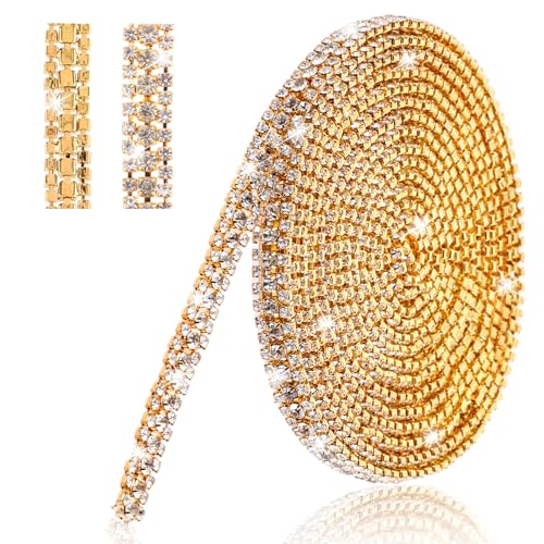 3 Reihen Kristall-Strass-Kette, Strass-Streifen, Kettenbesatz für DIY-Abschluss-Kappe, glitzernder Diamantgürtel, goldenes Strassband zum Nähen für Hochzeitskleid-Dekorationen (Gold) von HaiFafafaing