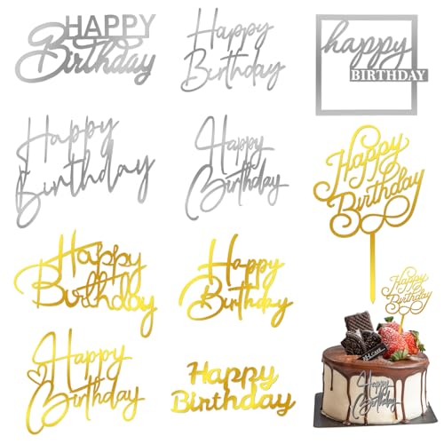 Tortenaufsätze "Happy Birthday", Gold und Silber, verspiegelt, Acryl, 10 einzigartige Stile für Kuchendekorationen, Cupcake-Topper und Party-Desserts, 10 Stück von HaiFafafaing