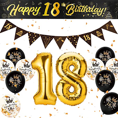 18 Geburtstag Junge Deko Schwarzes Gold Luftballon, Geschenk für 18. Geburtstag Junge mit Happy Birthday Banner, Folienballons 18, Luftballons Schwarz, Tortendeko zum 18 Jahre Geburtstag von Hainue