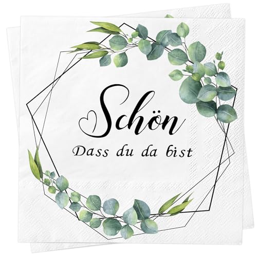 40Stück Servietten Schön Dass Du Da Bist Eukalyptus, Hakiwina Party Tischdeko für Taufe Hochzeit Babyparty Konfirmation Baby Shower Garten Party, Grün Vintage Papierserviette Einweg Napkins, Stil B von Hakiwina