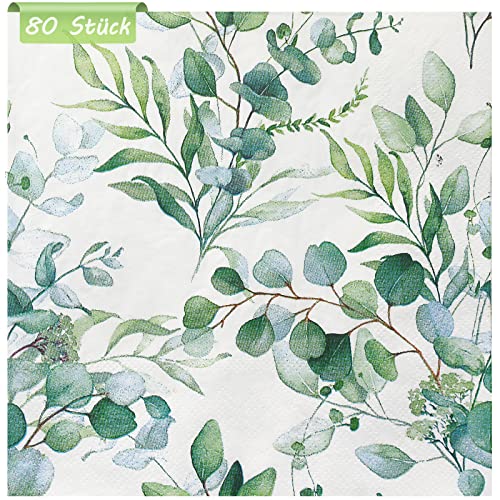 80Stück Servietten Eukalyptus, Hakiwina Party Tischdeko für Taufe Hochzeit Babyparty Konfirmation Baby Shower Garten Party Grün Vintage Papierserviette Einweg Napkins Tisch Dekorationen von Hakiwina