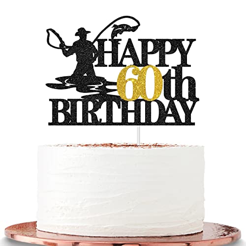 Halawawa Happy 60th Birthday Cake Topper, Fishing Thema Geburtstag Party Dekoration für 60. Männer, Angelliebhaber Geburtstag Party Supplies, Sixty Years Old Men Birthday Party Kuchen Dekor von Halawawa