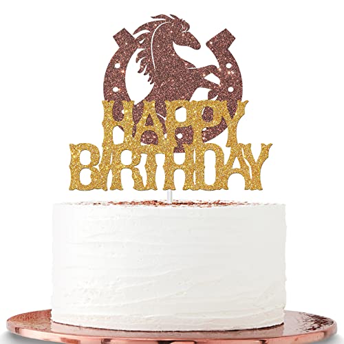 Halawawa Pferd Happy Birthday Cake Topper, Western Cowboy Cowgirl Geburtstag Thema Party Dekoration, Pferderennen Party Supplies für Western Teenager Jungen Mädchen Männer Frauen Geburtstag, Braun & Gold von Halawawa