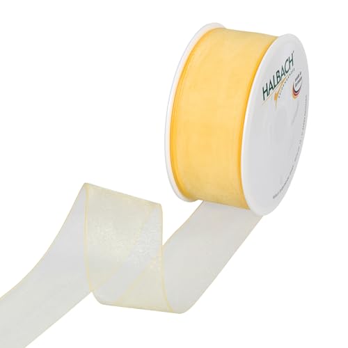 Halbach Seidenbänder Premium Organzaband Breite 40mm Länge 50 m Bastelband zum Verzieren von Geschenken, transparentes Band, Dekoband zum basteln, Farbe: yellow von Halbach Seidenbänder