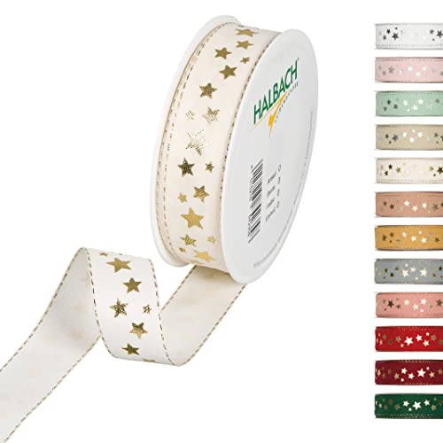 Halbach Seidenbänder 295 Sterne Geschenkband Weihnachten, Polyester, Creme, 2.5 cm von Halbach Seidenbänder